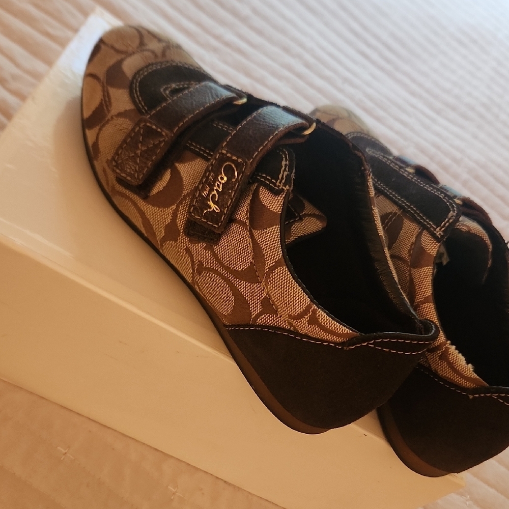 Coach Brown Sneakers Stylish Monogram Design With Velcro Closure